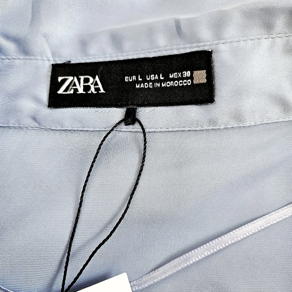 🆕️Zara Satin Sky Blue Button-Up Blouse SZ Large - Picture 8 of 12